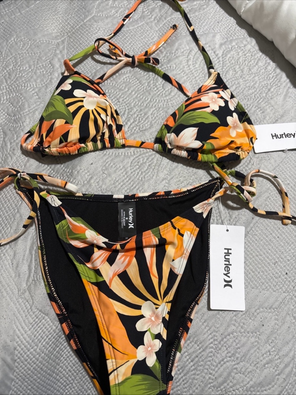 Hurley Black Tropical Floral String Bikini - Orange, Green, Cream